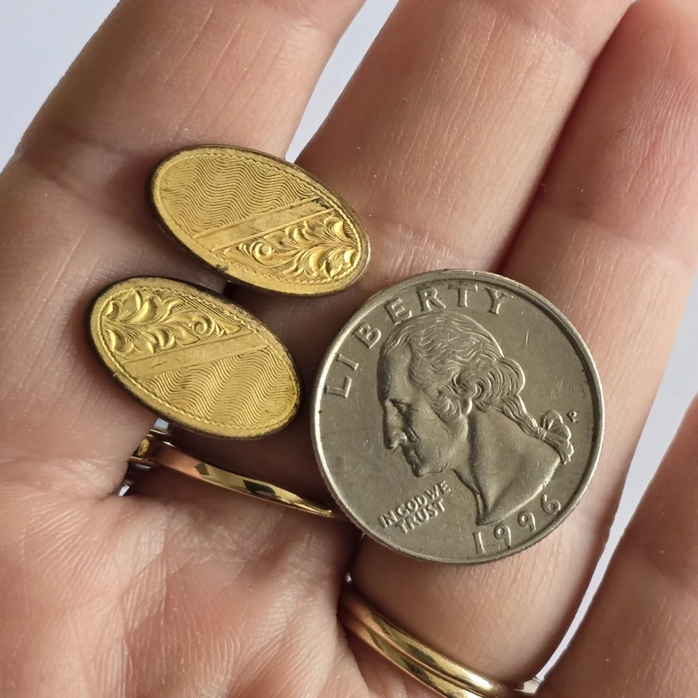 Vintage cuff links gold tone oval engraved leaves lines edwardian art deco